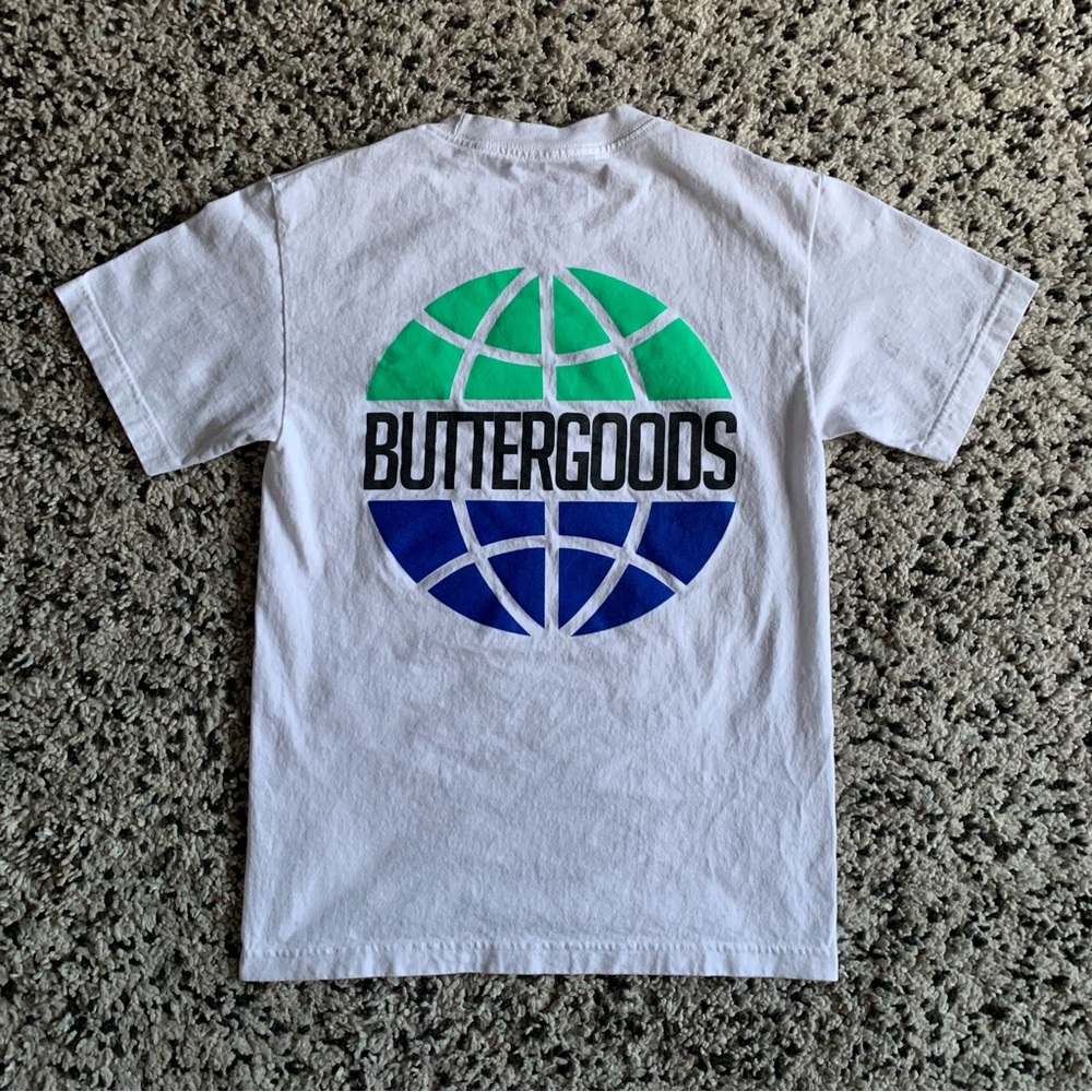 Buttergoods Tee Shirt White Short Sleeve Blue Green Globe Logo Men’s Small